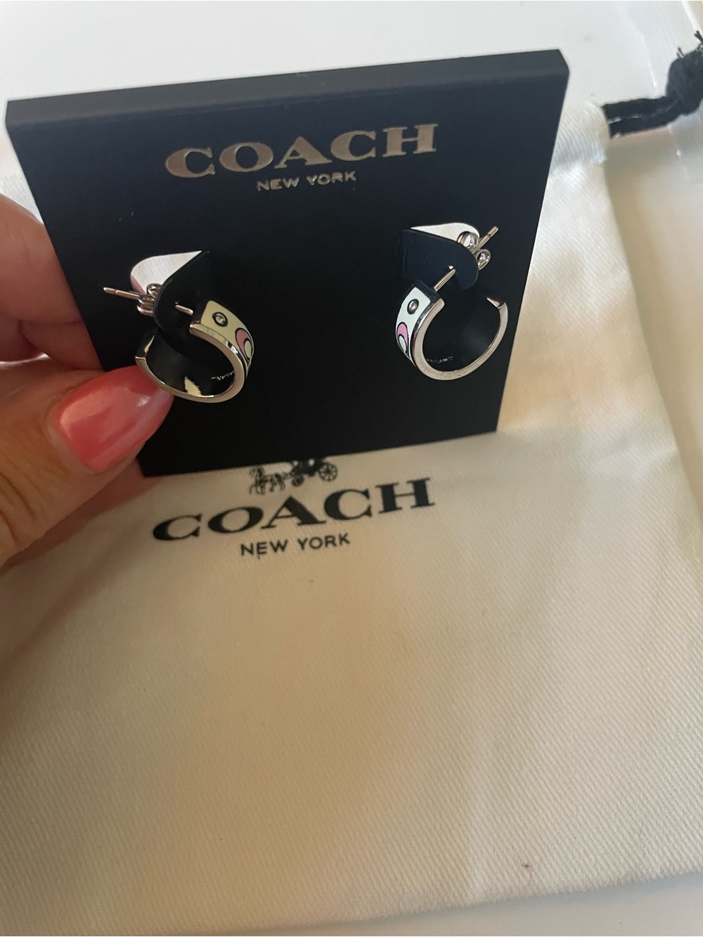 Coach Pink and Cream Enamel Small Hoop Earrings - Picture 2 of 4